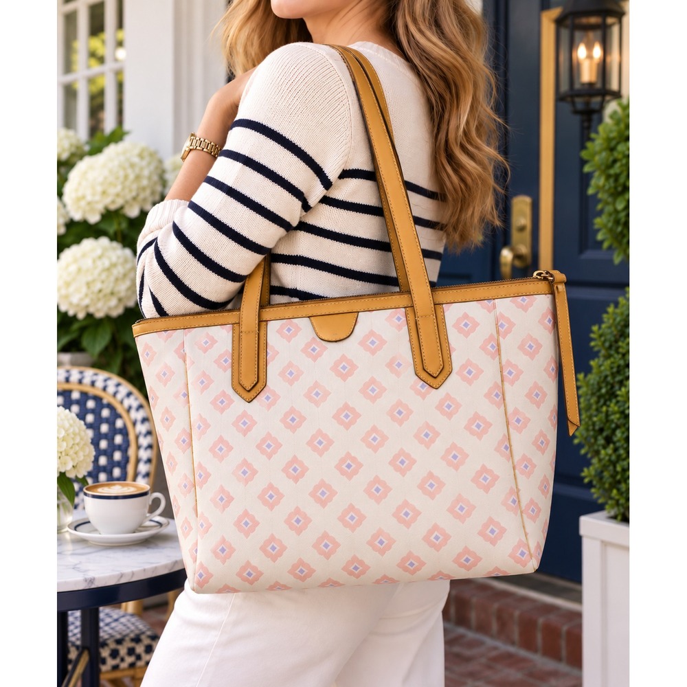 Fossil Sydney ZB5491 Geometric Print Shopper Tote Pink Cream Leather Trim